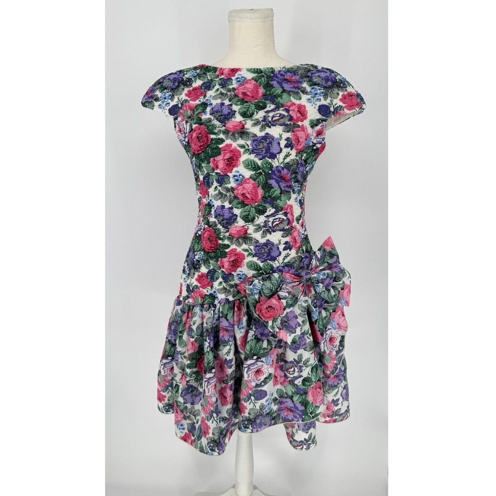 Vintage 80s Huey Waltzer Darcy Floral Party Dress Jr 7/8 Bow Retro Coquette USA